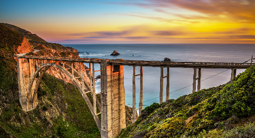 California's Bixby Bridge at Sunset. 