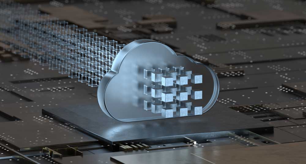 A graphic of a computer cloud with a series of cubes in front of it. 