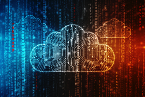 Three computer graphic clouds in front of binary code. 