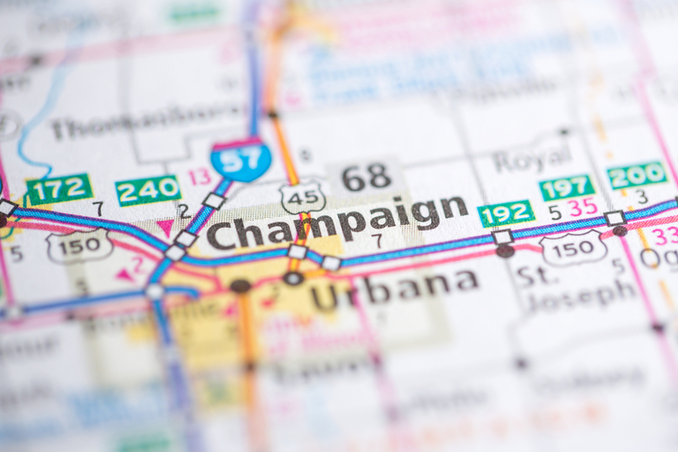 A road map with Champaign, Illinois in the center. 
