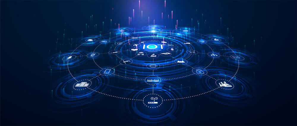 IOT graph with connection to icons of phones, laptops, buildings, WiFi, and more