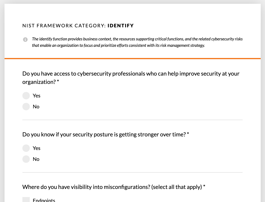A sample of questions from the security assessment. 