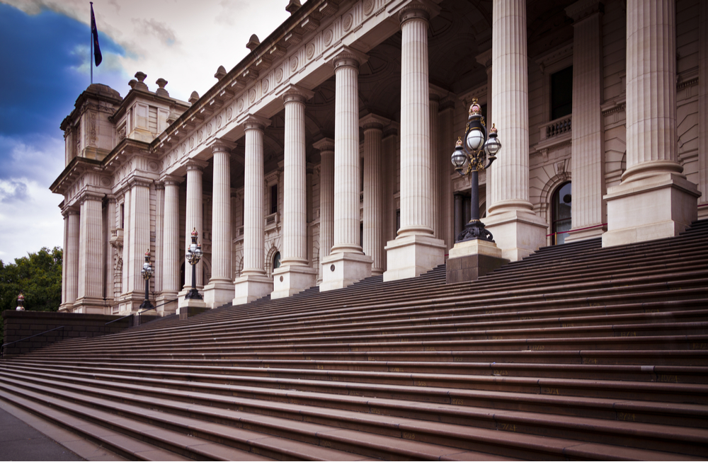 Outside the steps of the Melbourne Parliament House in Australia. 