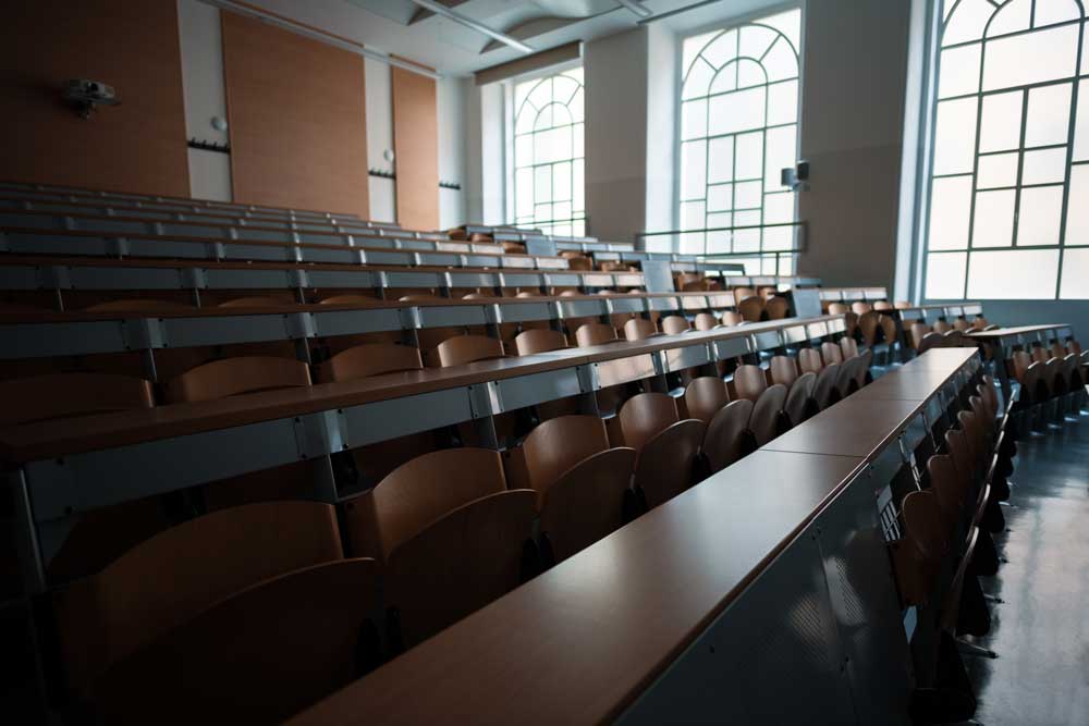 An empty college classroom. 
