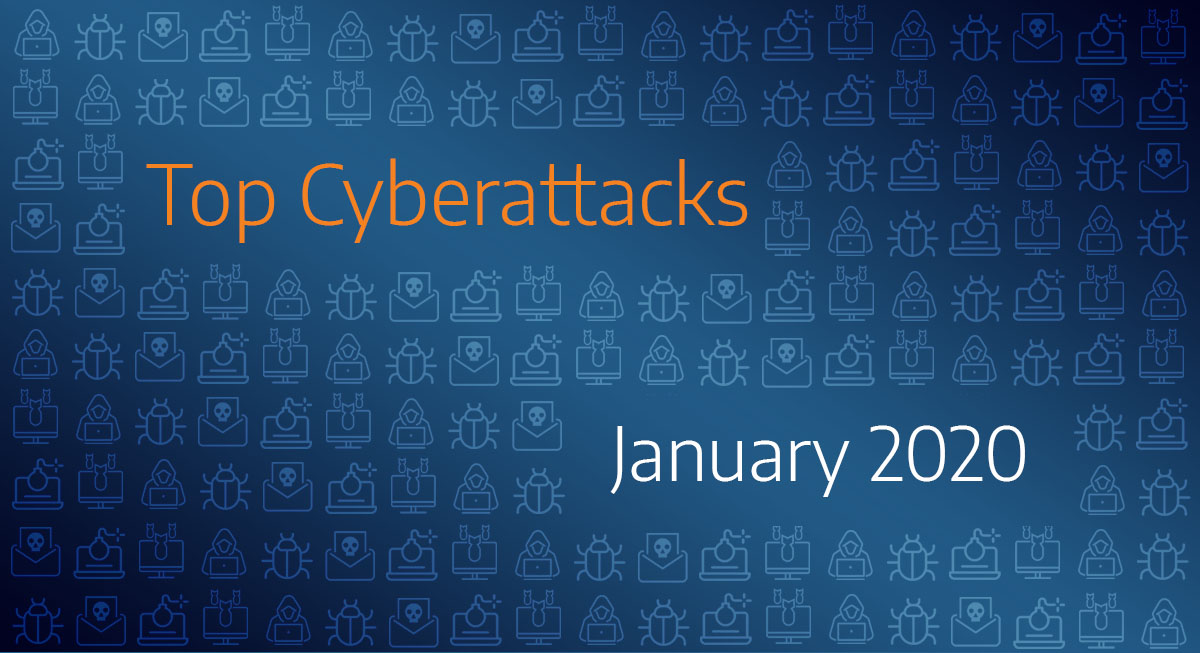 Blue background with hacker icons "Top Cyberattacks of 2020" written in middle of the screen