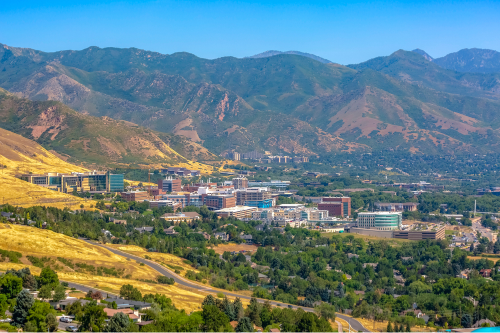 Scenic view of Utah with mountains and the university in the background. 