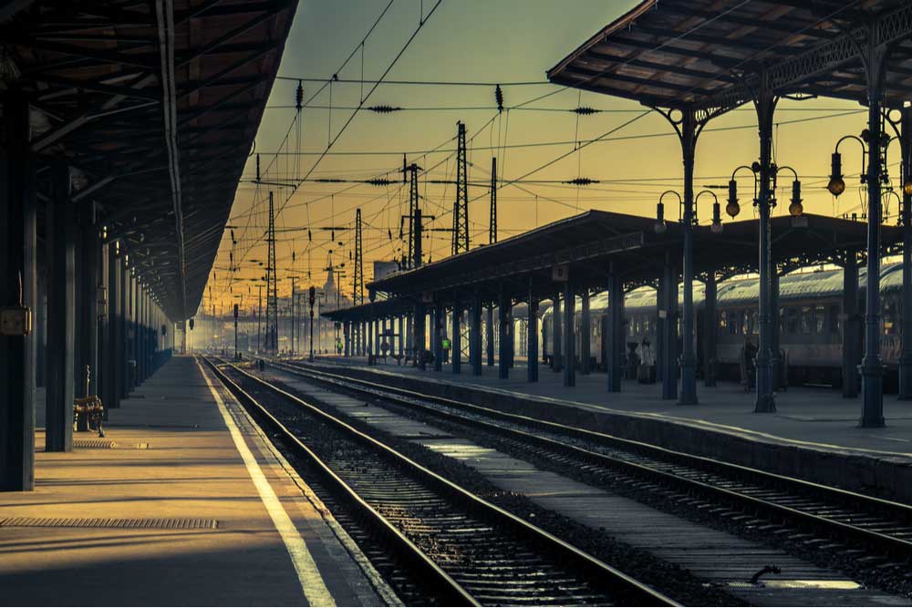 An empty train station at dusk. 