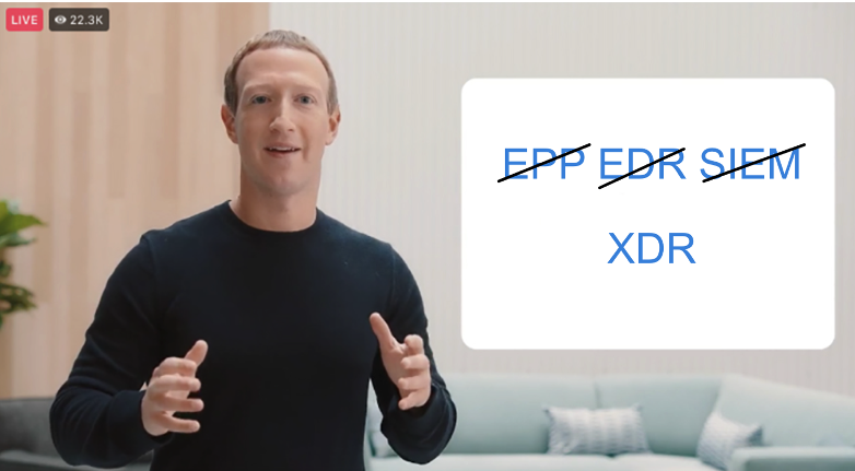 Mark Zuckerberg in front of an edited image with EPP, EDR, and SIEM crossed out with XDR remaining. 