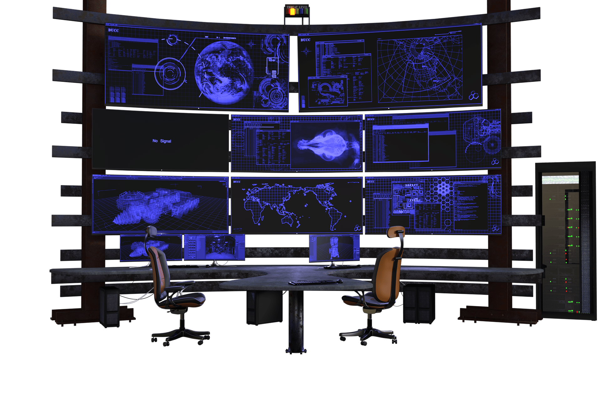 A small businesses SOC with a series of computers displaying different data. 