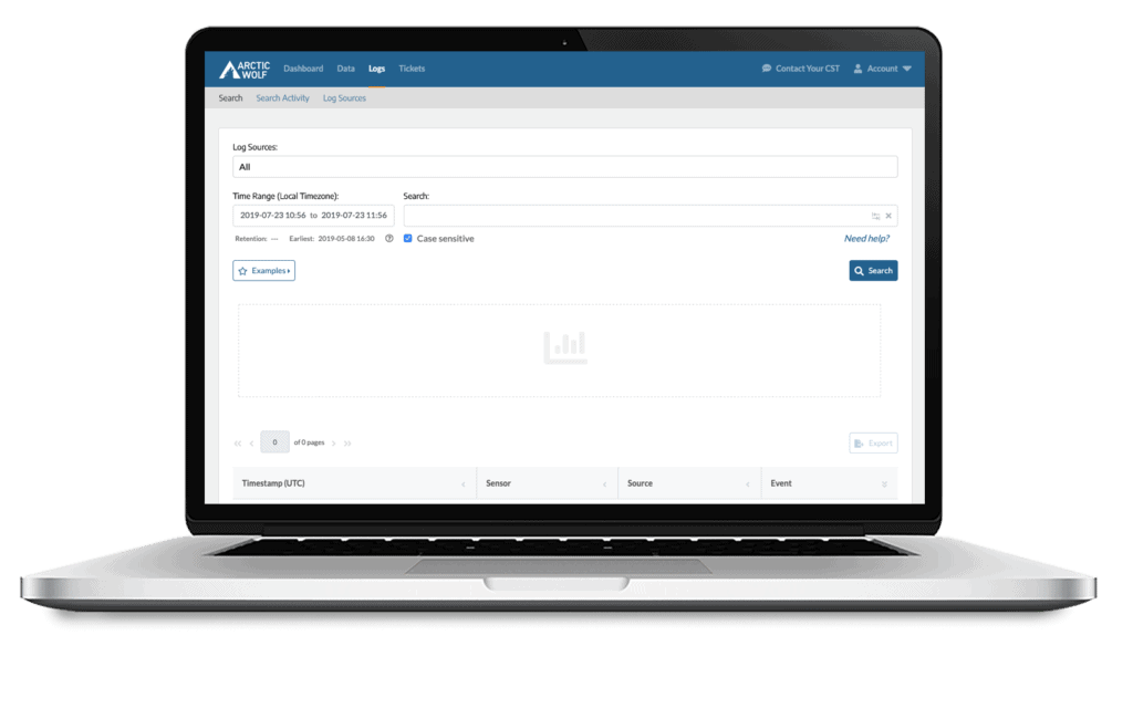 Arctic Wolf portal page on a laptop. See log retention search with date set.