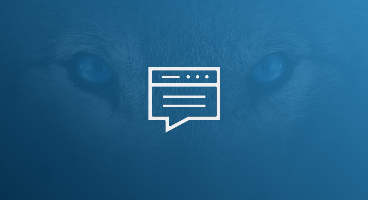 Close up of a wolf's eyes with a browser icon in the middle of the image.