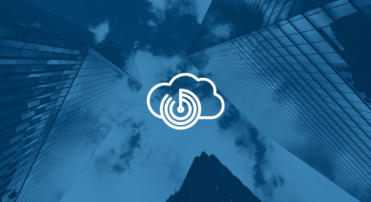 Cloud icon with an angle of looking up at skyscrapers.