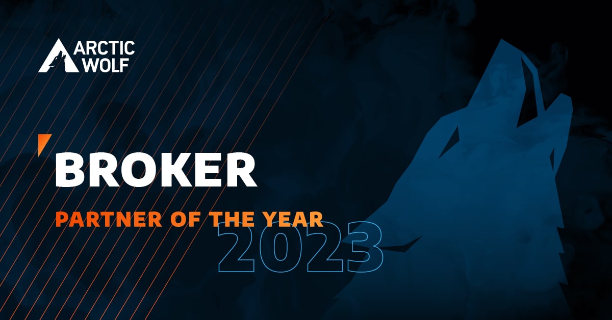 Broker partner of the year 2023 with Arctic Wolf logo.