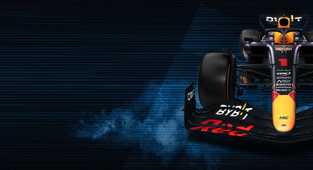 Oracle Red Bull Racing car on black background with blue smoke