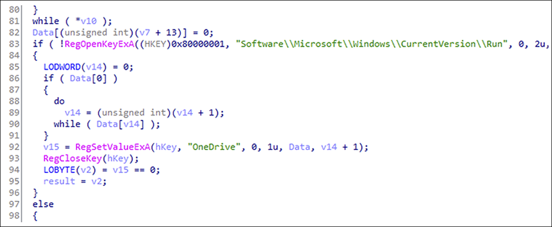 Persistence mechanism code showing registry key manipulation (Source : Arctic Wolf).