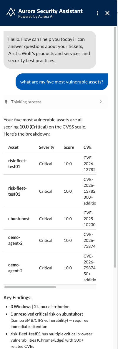 Aurora Security Assistant can now answer questions about vulnerabilities, assets, patch status, SPiDRs, Security Journey, and threat intelligence.